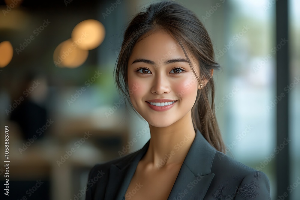 Young Businesswoman in Office Setting with Bright Smile and Professional Attire. Young Businesswoman in Office Setting with Bright Smile and Professional Attire.