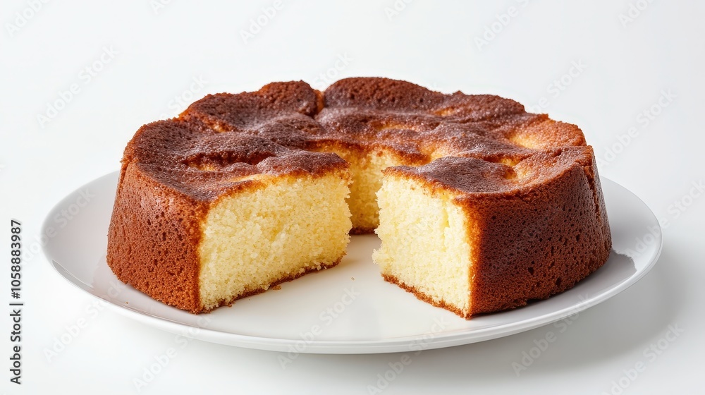 Delicious homemade vanilla sponge cake with a slice missing on a white plate Delicious homemade vanilla sponge cake with a slice missing on a white plate