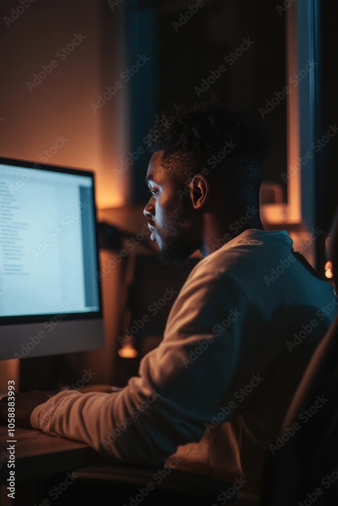 A man deeply engrossed in his digital work at night, with the focus on his computer screen. A man deeply engrossed in his digital work at night, with the focus on his computer screen.