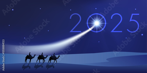 Carte de vœux 2025 montrant les trois rois mages à dos de dromadaire se dirigeant vers Bethléem avec des cadeaux pour célébrer la naissance de Jésus Christ.