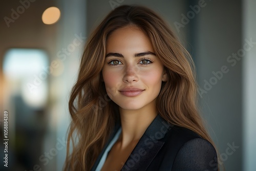 Wallpaper Mural Young Businesswoman with Brown Eyes Smiling Confidently in Office Setting Torontodigital.ca