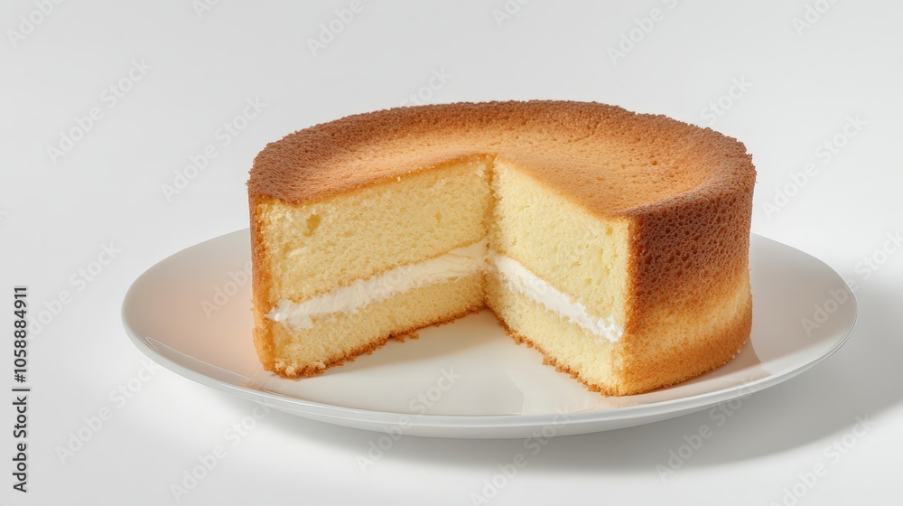 Perfectly baked sponge cake with cream filling on white plate Perfectly baked sponge cake with cream filling on white plate