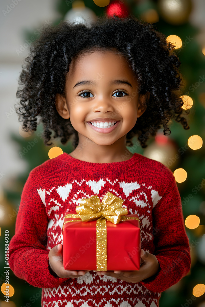 Smiling African child girl in red sweater holding a red wrapped gift in front of a decorated Christmas tree at home, creating a festive atmosphere. Smiling African child girl in red sweater holding a red wrapped gift in front of a decorated Christmas tree at home, creating a festive atmosphere.