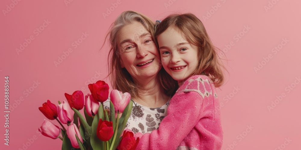 This image captures a heartwarming scene of a mother and her daughter sharing a hug on Mother's Day. The woman, who appears to be older This image captures a heartwarming scene of a mother and her daughter sharing a hug on Mother's Day. The woman, who appears to be older