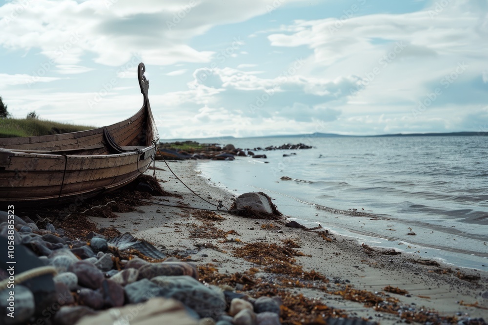 A Viking longboat rests on the peaceful shore under a vast sky, echoing ancient seafaring tales and eternal tranquility. A Viking longboat rests on the peaceful shore under a vast sky, echoing ancient seafaring tales and eternal tranquility.