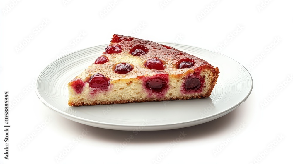Delicious cherry cake slice on white plate - tempting dessert with fresh cherries Delicious cherry cake slice on white plate - tempting dessert with fresh cherries