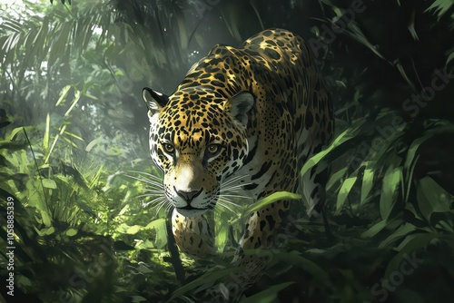 Elusive jaguar prowling through dense rainforest. 