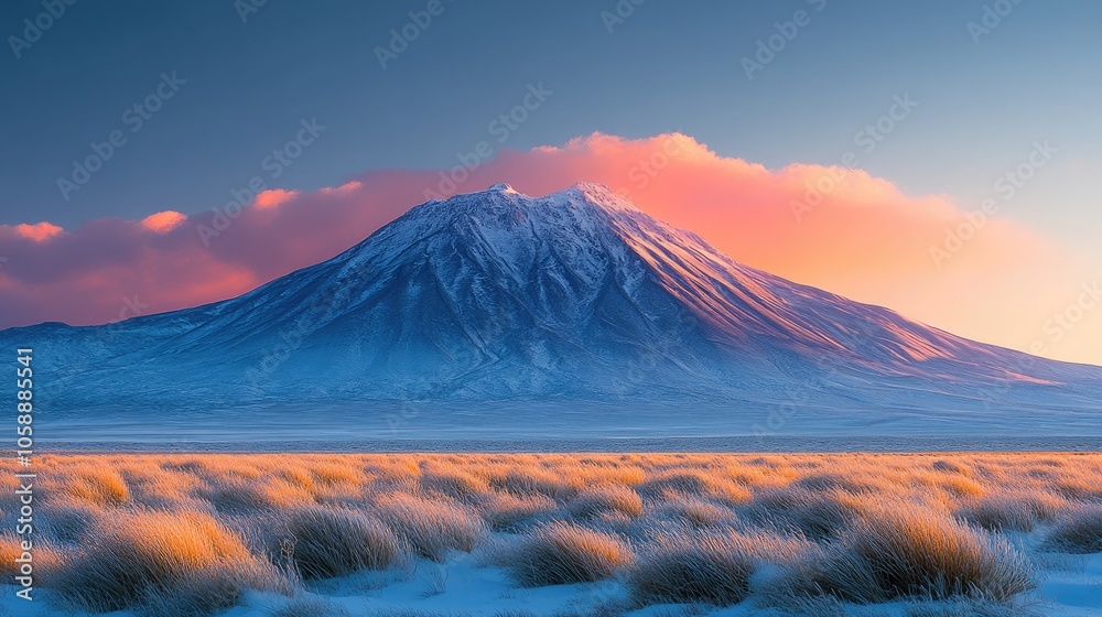 Sunrise over snow-covered mountain in pink-blue tones, perfect for nature and travel visuals Sunrise over snow-covered mountain in pink-blue tones, perfect for nature and travel visuals