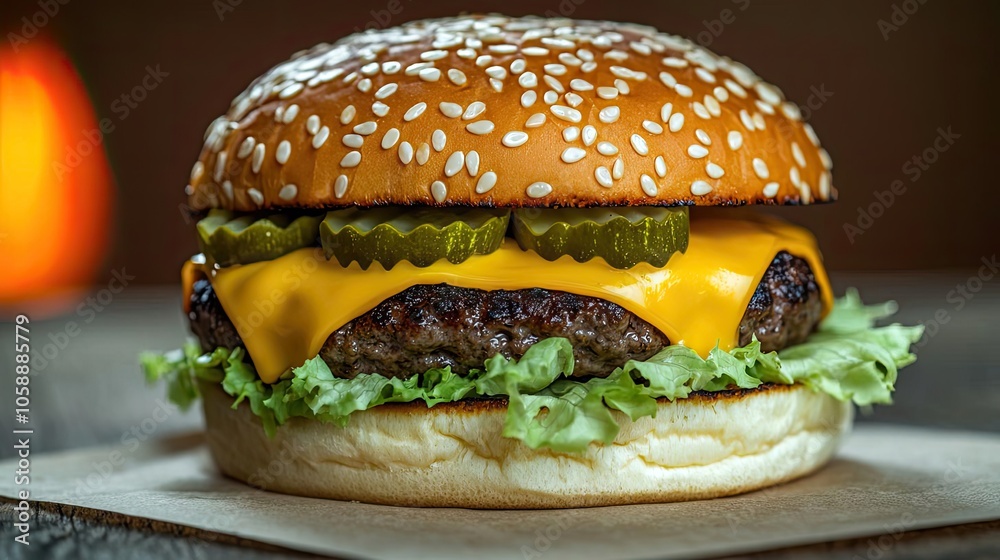 Delicious cheeseburger with lettuce and pickles on a wooden table Delicious cheeseburger with lettuce and pickles on a wooden table