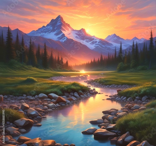 Illustration of river in wild with mouuntain behind. photo