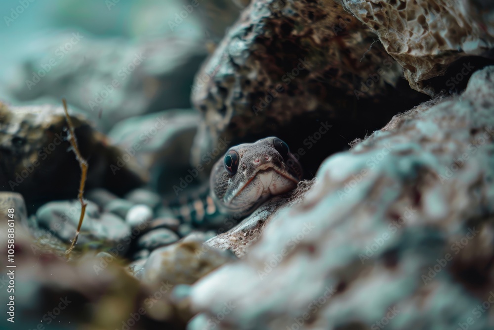 A lizard peeks curiously from between rocky crevices, blending seamlessly with its natural, rugged habitat. A lizard peeks curiously from between rocky crevices, blending seamlessly with its natural, rugged habitat.