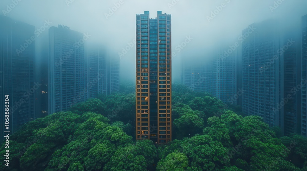 Fototapeta premium modern office building stands tall amid lush green trees in the foreground, symbolizing the blend of nature and business success in an urban environment