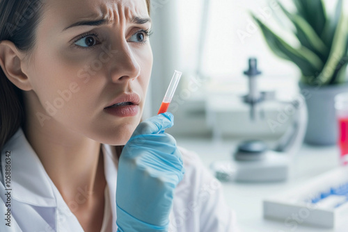 Concerned scientist observing blood sample in laboratory setting