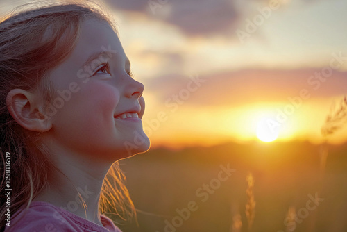 Young girl enjoying a sunset in the countryside at dusk