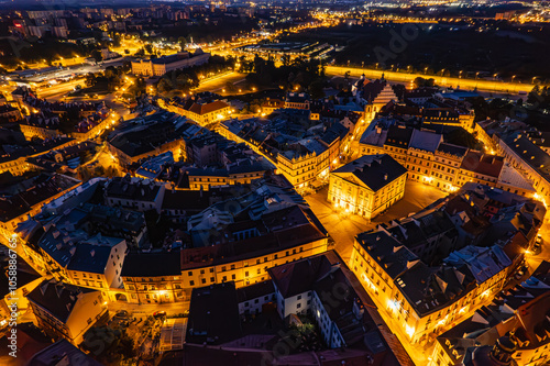Lublin old town at night, drone photo. Lublin, Poland 4.08.2024