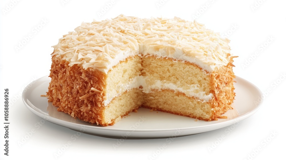 Delicious coconut cake with creamy filling and topping on white plate Delicious coconut cake with creamy filling and topping on white plate