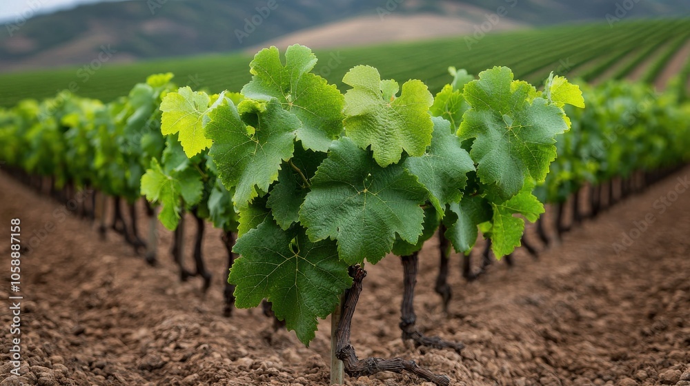 A lush vineyard row with vibrant green grape leaves in rich soil, stretching across rolling hills. A lush vineyard row with vibrant green grape leaves in rich soil, stretching across rolling hills.