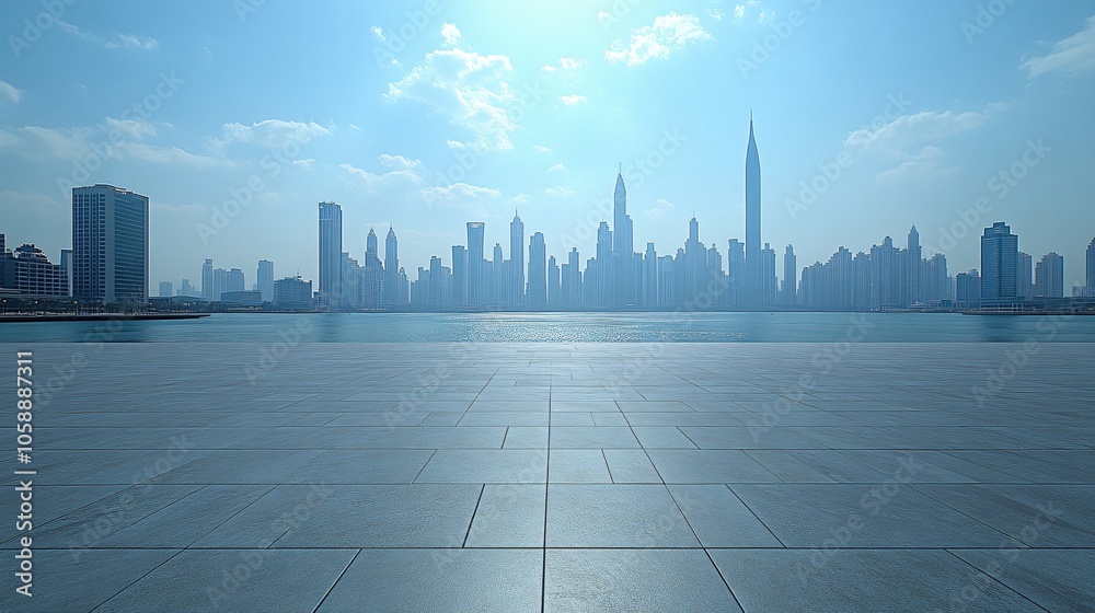 Urban Skyline with Central City View Featuring Pathway and Parking Area for Automotive Advertising Urban Skyline with Central City View Featuring Pathway and Parking Area for Automotive Advertising