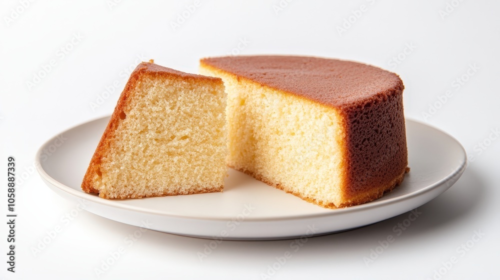 Delicious homemade sponge cake with golden crust on white plate Delicious homemade sponge cake with golden crust on white plate