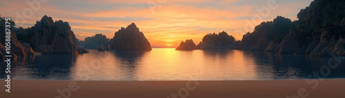 Serene Sunset Over Rocky Islands and Calm Ocean Water