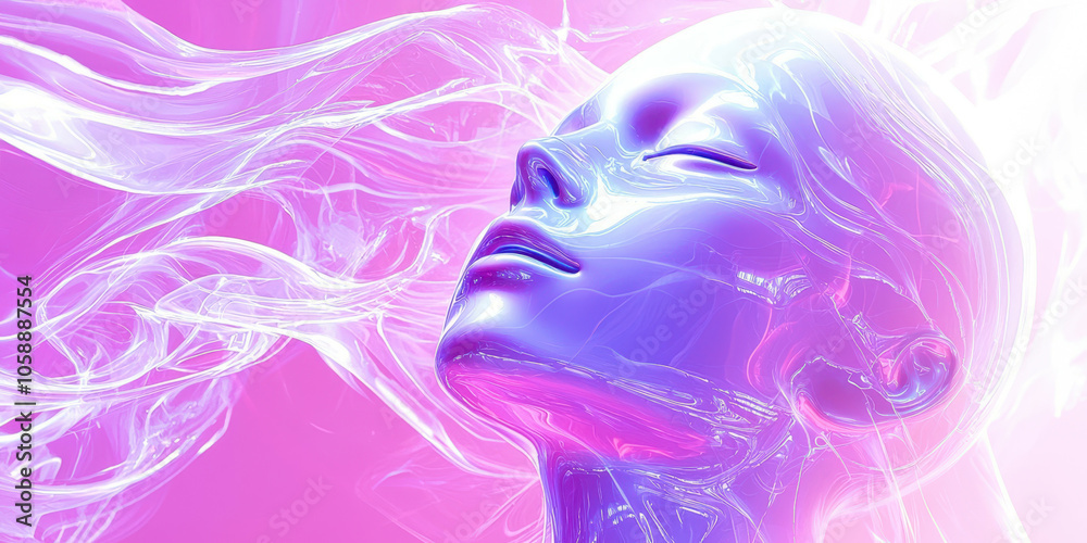 A woman's face is shown in a pink background with a purple smoke effect A woman's face is shown in a pink background with a purple smoke effect