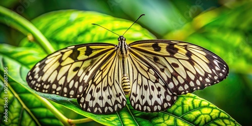 Stunning Aerial Photography of Treenymph Butterfly Resting on Vibrant Green Leaf, Capturing Nature's Beauty in Detail photo