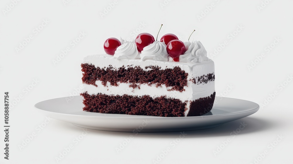 Delicious slice of chocolate cake with cream and cherries on white plate Delicious slice of chocolate cake with cream and cherries on white plate