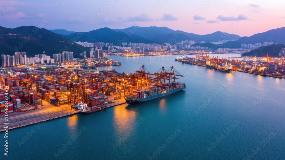 Fototapeta premium Night View of Vibrant Seaport with Vessels