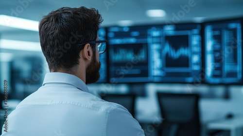 A man observes financial data on multiple screens in a modern office setting, analyzing market trends and metrics.