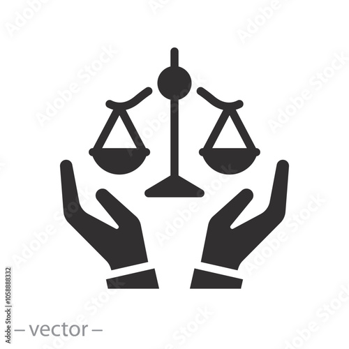 justice scale in hands, law icon, legal insurance, flat vector illustration