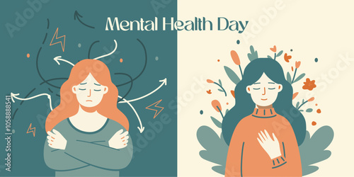 Mental Health Day banner. Vector banner with illustrations showing different psychological states. Girl first feels confused and anxious, then feels calm. Healing from depression and anxiety disorders