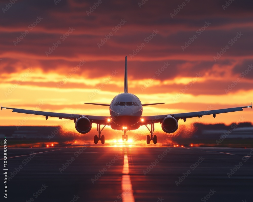 Airplane Taking Off at Sunset with Intense Rays Airplane Taking Off at Sunset with Intense Rays