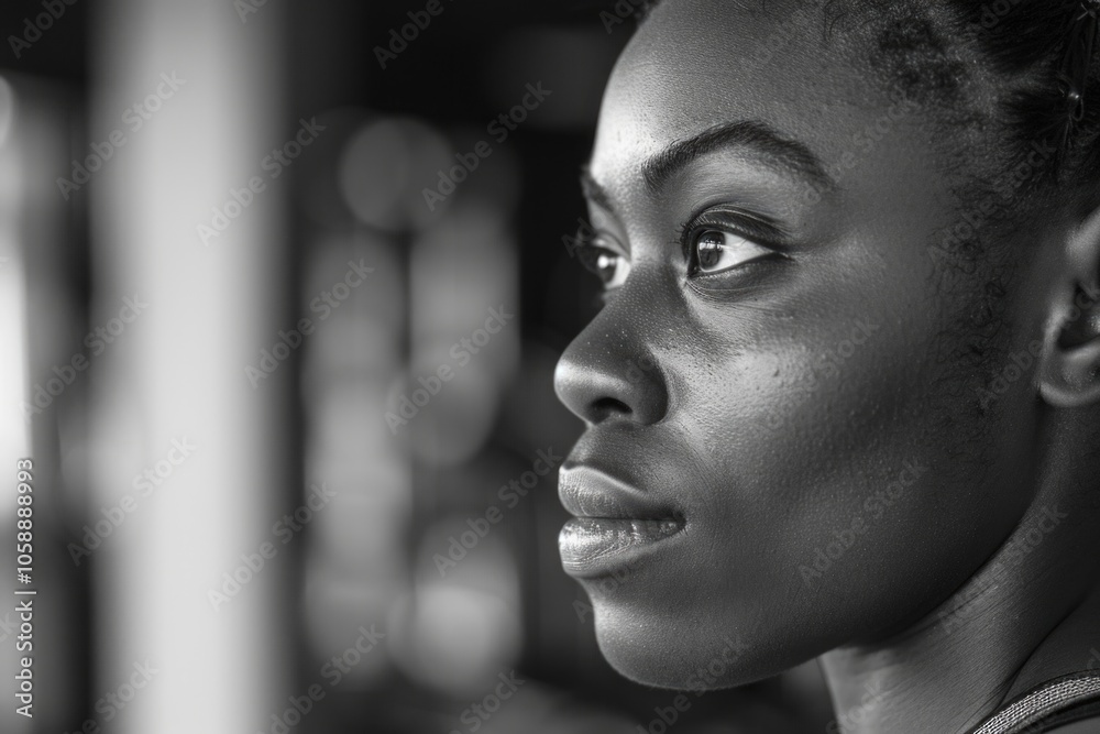 Black female athlete with intense expression and sharp focus. Black female athlete with intense expression and sharp focus.
