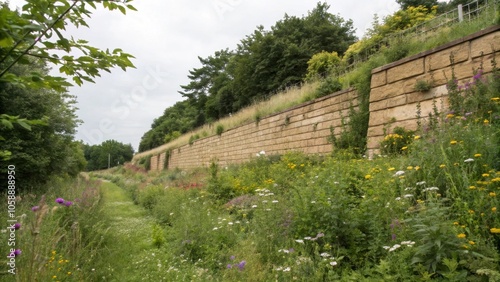 Earthy-toned stack wall with overgrown vegetation and wildflowers, rustic, earthy tones, wildflowers, texture