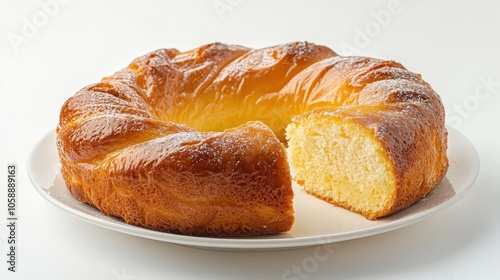 Golden bundt cake with powdered sugar on plate