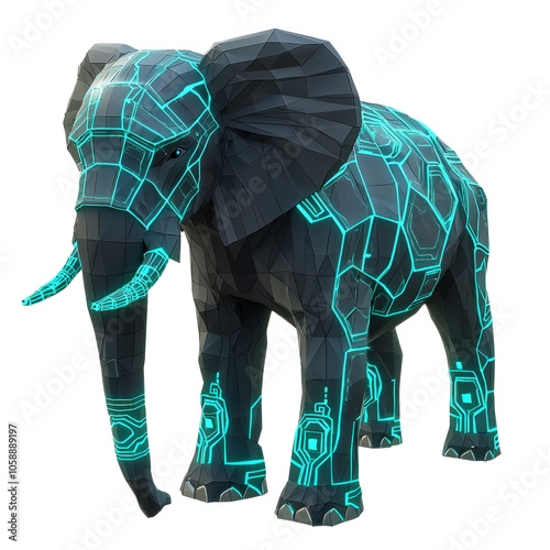 Low poly elephant with turquoise glowing circuitry patterns across its body photo