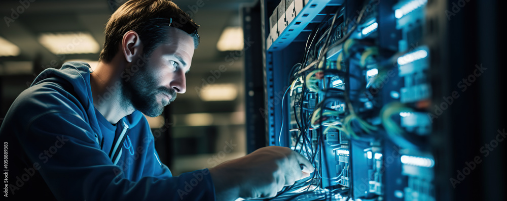 Expert technician works on server rack in data center during evening hours Expert technician works on server rack in data center during evening hours