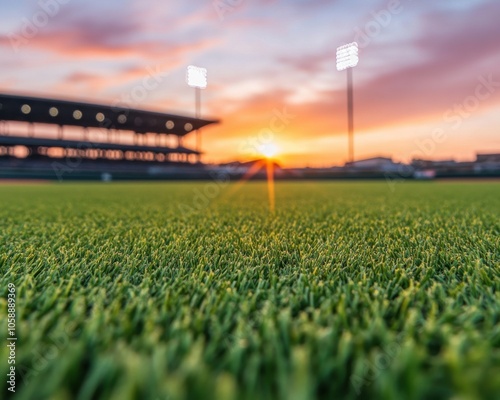 Sunset at Baseball Stadium with Soft Grass Field photo