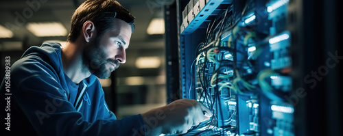 Expert technician works on server rack in data center during evening hours photo