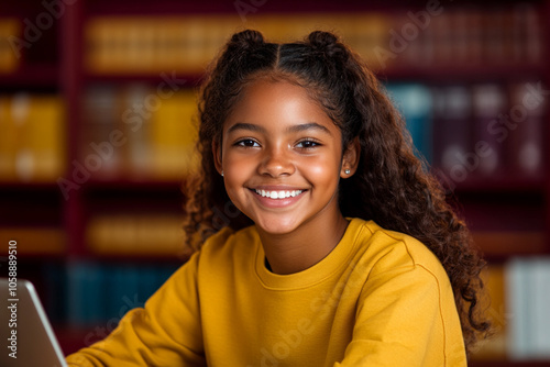 Young smiling African girl in yellow sweatshirt writing on her laptop in a college lecture hall.