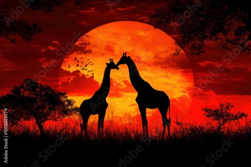 Graceful giraffes silhouetted against a fiery sunset.