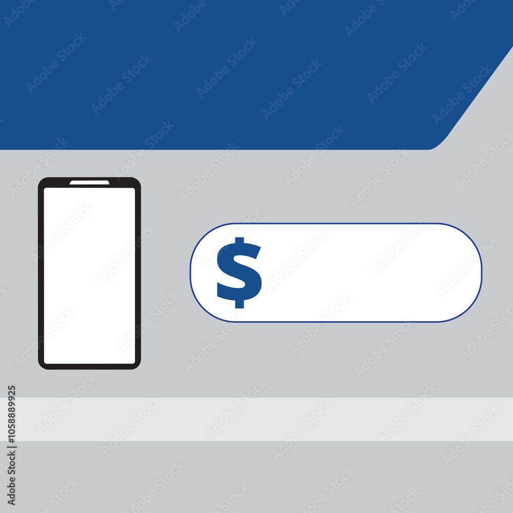 Blue and gray commercial template background with a smartphone, dollar sign and copy space