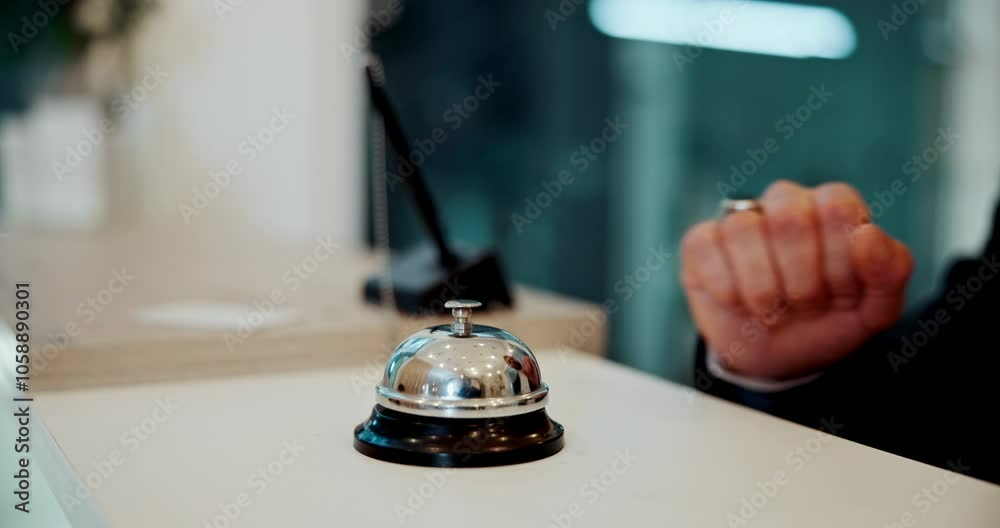 Hand, person and bell at reception of hotel with booking, luxury hospitality and concierge service. Customer, attention and receptionist of resort schedule, room availability and reservation check in Hand, person and bell at reception of hotel with booking, luxury hospitality and concierge service. Customer, attention and receptionist of resort schedule, room availability and reservation check in