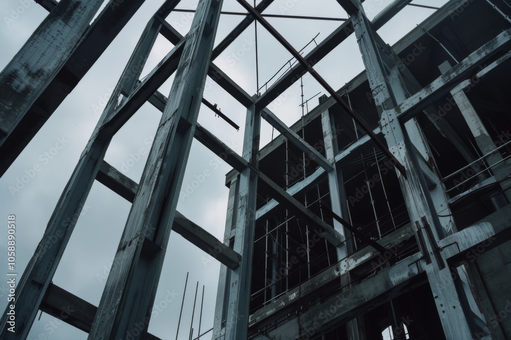 A skeletal structure of a building under construction reaches into the overcast sky, with intersecting beams creating an intricate pattern of steel and shadows. A skeletal structure of a building under construction reaches into the overcast sky, with intersecting beams creating an intricate pattern of steel and shadows.