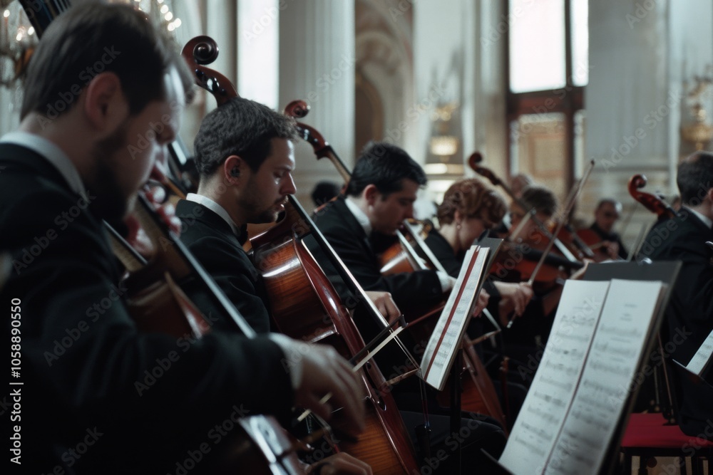 Fototapeta premium An orchestra in formal attire performs passionately, their focus mirrored in the elegant concert hall filled with resounding melodies.
