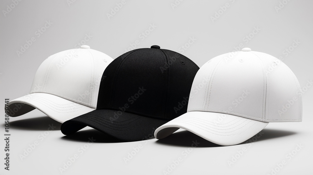 Three plain baseball caps arranged side by side, consisting of two white caps and one black cap in the center, set against a neutral gray background. Three plain baseball caps arranged side by side, consisting of two white caps and one black cap in the center, set against a neutral gray background.
