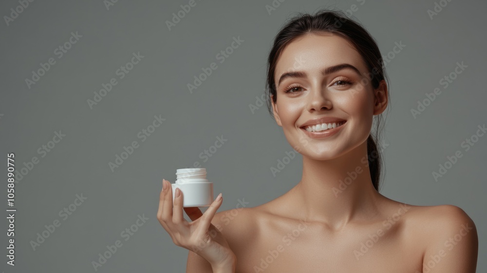 A woman holding a sample of a natural moisturizing cream for her skin. A woman holding a sample of a natural moisturizing cream for her skin.