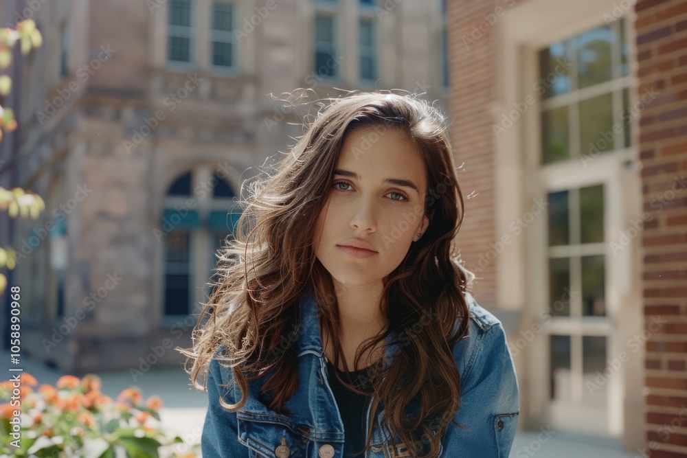 A young woman stands against a sunlit urban background, her windswept hair framing her thoughtful expression, capturing a moment of modern city life. A young woman stands against a sunlit urban background, her windswept hair framing her thoughtful expression, capturing a moment of modern city life.