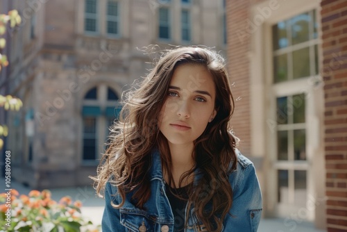 A young woman stands against a sunlit urban background, her windswept hair framing her thoughtful expression, capturing a moment of modern city life.