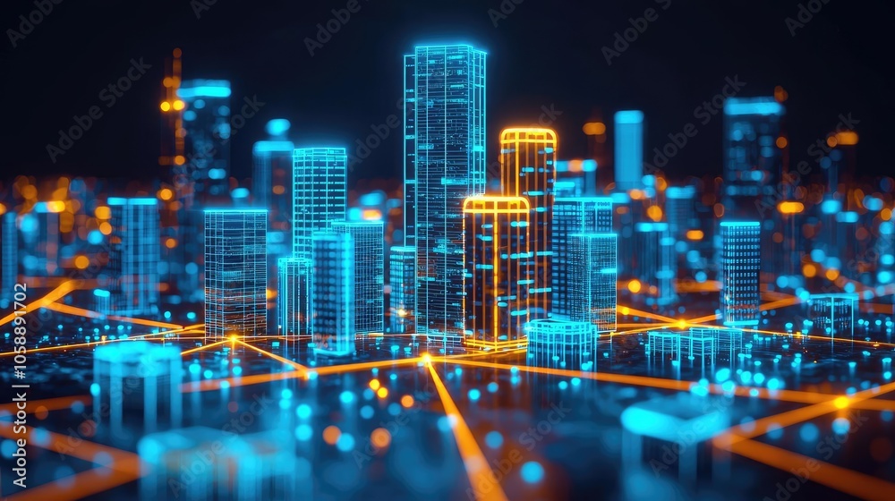 Obraz premium Futuristic city skyline with glowing skyscrapers and digital effects, dark background.